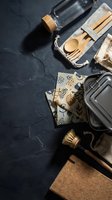 Eco-friendly lunch kit with reusable wooden utensils, glass bottle, metal container, and cloth napkins arranged on dark slate surface for sustainable living.