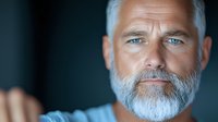 Confident mature man with white beard and blue eyes looking at camera against dark background, dramatic lighting highlights facial features and expression.