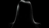 Dramatic silhouette of long straight dark hair against black background, highlighting smooth texture and shine. Professional hair care and beauty concept.
