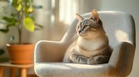 Adorable gray and white cat lounging in cozy beige armchair near window with natural sunlight and houseplant, relaxed feline companion at home.