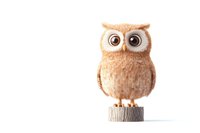 Cute beige owl figurine with big expressive eyes standing on wooden stump against white background, isolated decorative element for craft and design projects.