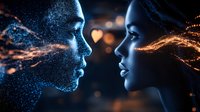 Mystical couple faces in profile with glowing particle effects, man made of blue stardust and woman trailing golden light, romantic artistic portrait on dark background.
