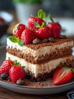 Layered chocolate cream dessert with fresh strawberries on top, cocoa powder dusting, and chocolate chips on gray plate. Close up view of sweet treat.
