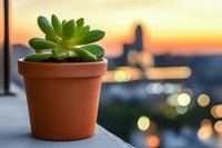 Succulent plant in terracotta pot against urban sunset skyline with blurred city lights creating dreamy bokeh background, modern minimalist composition.