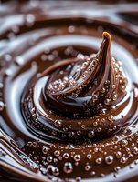 Swirling dark chocolate with tiny air bubbles creating texture, macro shot showing glossy surface and spiral pattern in rich brown tones, for confectionery advertising.