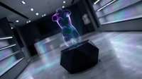 Futuristic holographic dog projection floating above black cube in modern tech laboratory with neon lighting and digital displays for sci-fi concepts.
