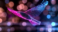 Glowing digital bird silhouette with neon pink and blue mesh wireframe design against blurred bokeh background creates futuristic technological artwork.