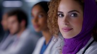 Young woman with curly reddish-brown hair and medium skin tone wearing purple hijab and white medical coat, standing with blurred colleagues in clinical setting for healthcare workforce concepts.