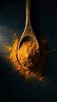 Wooden spoon filled with golden turmeric powder on dark slate background for cooking and healthy spice recipes.
