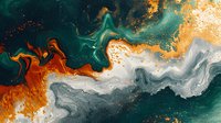 Abstract fluid art with vibrant orange, teal and white swirling patterns creating dynamic marble effect against dark background, suitable for luxury interior decor.