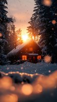 Cozy wooden cabin glowing with warm light amid snowy winter forest at sunset, with falling snow and magical bokeh effects creating atmospheric winter scene.