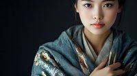 Young Asian woman wearing traditional kimono with embroidered pattern gazes intensely at camera against dark background, dramatic lighting highlights facial features.