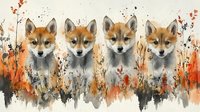 Watercolor fox cubs in autumn colors, four baby foxes among orange and black splashes and wild grass silhouettes, artistic nature wildlife composition.