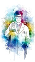 Male scientist in lab coat holding test tube with colorful watercolor splash background and molecular formulas for chemistry research and education.
