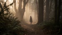 Mysterious hooded figure walking through misty forest path at dawn with dramatic sunlight filtering through trees creating atmospheric woodland scene.