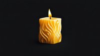 Glowing carved decorative candle with wavy pattern design illuminates darkness with warm light against black background. For home decor and spiritual ambiance.