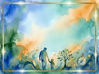 Adult male with child silhouettes exploring nature with plants, bicycle and globe elements in watercolor style with blue, green and golden tones.