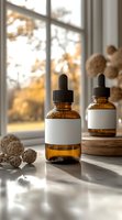 Amber glass dropper bottles with blank white labels on wooden surface, sunlit window background with autumn colors and dried flowers, moody wellness composition.