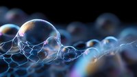 Glowing translucent bubbles with iridescent reflections and delicate network connections floating in dark space, creating magical atmospheric effect.