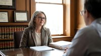 Mature female attorney with gray hair and glasses wearing business blazer conducting client consultation in law office with wooden furnishings.