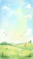 Whimsical pastoral landscape with rolling green hills, fluffy clouds, scattered stars, and a cute rabbit holding a balloon in a dreamy meadow setting for children's book illustrations and nursery decor.