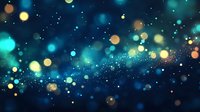 Magical glowing bokeh lights on dark blue background with floating particles and sparkles create dreamy atmospheric effect for festive designs and celebrations.