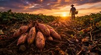 Farmer harvesting fresh sweet potatoes at sunset in agricultural field with dramatic orange sky and golden light illuminating organic root vegetables in soil.