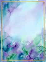 Watercolor abstract background with soft purple, green, and blue ink washes flowing across white space, framed with gold border. Suitable for invitations, social media graphics, and design projects.