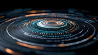 Futuristic circular data visualization with glowing orange and blue concentric rings on dark background, abstract technology concept for digital transformation.