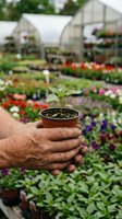 Elderly hands holding small plant seedling in pot at colorful flower nursery greenhouse with blooming plants in background for gardening and cultivation.
