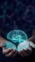 Glowing holographic brain floating above cupped hands against dark blue background. Concept for artificial intelligence, neuroscience and mental health.