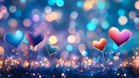Colorful heart-shaped balloons floating above glowing grass at twilight with dreamy bokeh lights background, romantic valentines atmosphere in pink and blue tones.