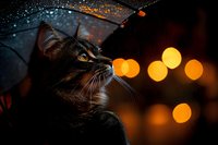 Curious tabby cat under umbrella in rain at night, looking up at glowing orange bokeh lights against dark background, creating atmospheric mood.