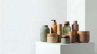 Isolated collection of skincare and cosmetic containers in neutral tones with wooden and metal accents, arranged on geometric platforms for product display and packaging design.