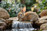 Young brown rabbit resting on rock near small waterfall in garden setting, natural sunlight creating soft bokeh effect through foliage, wildlife and nature composition.