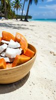Wooden bowl with fresh papaya and coconut pieces on sandy beach with turquoise ocean, palm trees, and tropical island scenery for travel, vacation, and summer lifestyle content.