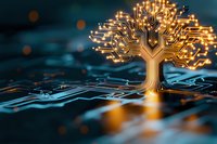 Glowing digital tree with circuit board branches emerging from computer motherboard, symbolizing technology growth and artificial intelligence.