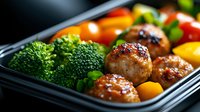 Glazed meatballs with steamed broccoli, bell peppers and carrots in meal prep container. Homemade healthy lunch box with protein and vegetables.