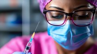 Young African American female medical professional in protective mask and glasses holding syringe, wearing pink scrubs, preparing vaccination or medical procedure.