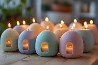 Glowing ceramic candle holders in soft pastel colors arranged on wooden surface. Cozy home decor with warm candlelight creating peaceful atmosphere.