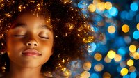 Young African American woman with natural curly hair surrounded by warm golden holiday lights and blue bokeh background creating magical festive atmosphere.