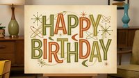 Retro happy birthday greeting card with mid-century modern design elements, vintage typography, and atomic starburst decorations on cream background for celebrations.