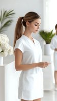 Young Caucasian female healthcare professional in white medical uniform standing in modern clinic interior with plants and flowers for wellness concept.