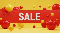 Red and yellow spheres floating around bold white SALE text on vibrant background for promotional marketing campaigns and retail advertising.