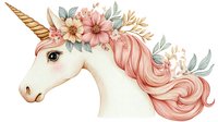 Unicorn head with pink mane and floral crown featuring roses and greenery, isolated on white background for design projects, clipart, and merchandise applications.