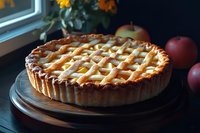 Homemade apple pie with golden lattice crust on wooden serving board, fresh red apples and flowers in background, moody natural lighting for food photography.