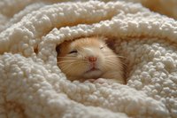 Adorable cream-colored hamster peeking out from soft white fluffy blanket with closed eyes, showing content and peaceful expression while snuggling in cozy bedding.