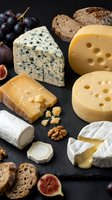 Gourmet cheese platter with blue cheese, aged cheddar, brie and goat cheese served with fresh figs, grapes, walnuts and artisan bread on dark slate board.
