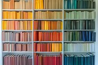 Colorful rainbow bookshelf arrangement showing gradient spectrum of book spines from yellow to blue, organized by color in modern library or bookstore setting.