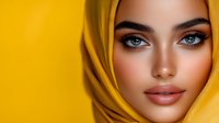 Young Middle Eastern woman wearing yellow hijab against vibrant yellow background, with flawless makeup and striking blue eyes looking at camera. Professional beauty portrait.